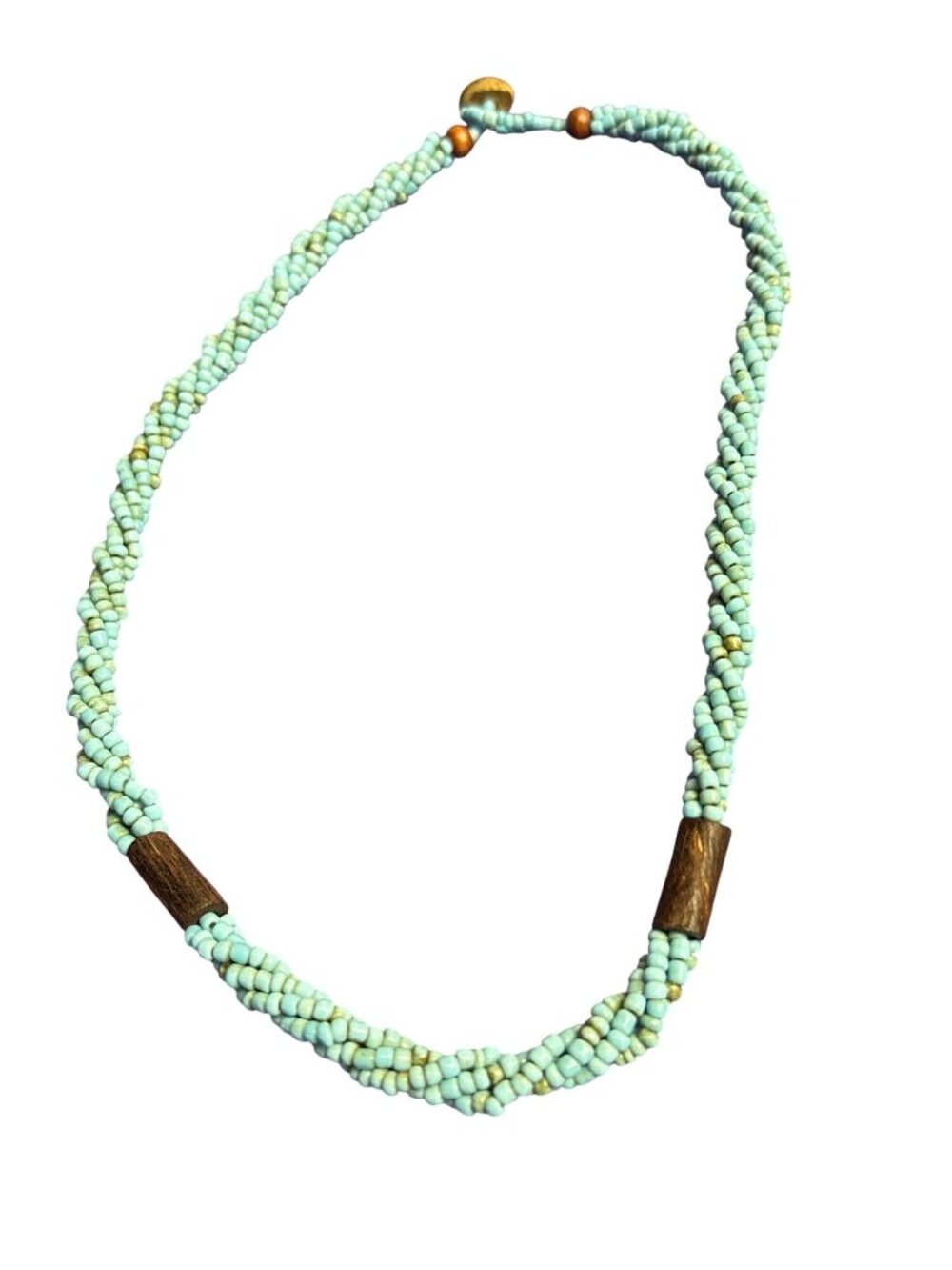 Blue Glass Seed Bead Wooden Beaded Necklace Button Clasp 19 inches Long